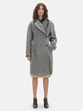 Lutz Huelle Herringbone Merino Wool Coat Grey US Size 4 Size 36 France